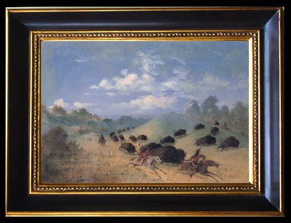 framed  George Catlin Comanche Indians Chasing Buffalo with Lances and Bows, Ta093